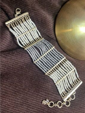 Vintage Lucky Brand White Silver & Gold Beaded Fringe Bracelet Southwestern Boho